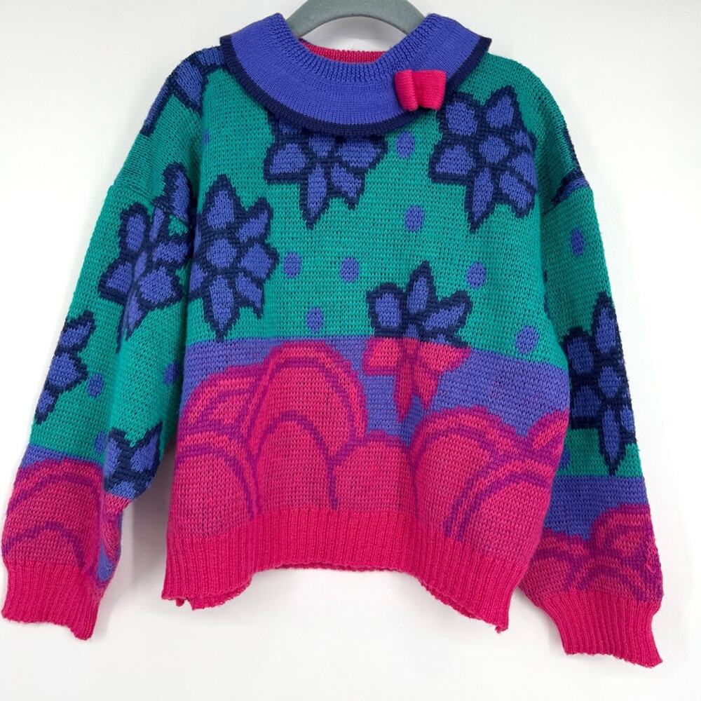 Vintage Marese Girl's Pink‎ Purple Collar Floral Sweater 90s